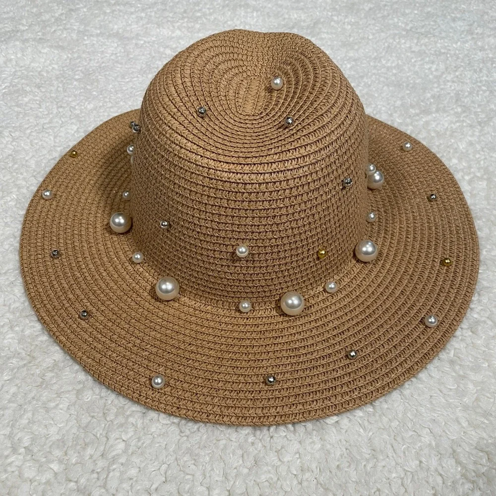 Steve Madden Straw Fedora Sun Hat Pearl & Stud Embellished Tan Beach Vacation